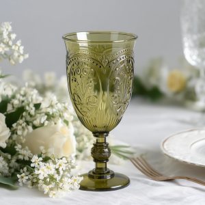 24-Pack Plastic Vintage Goblets – 10oz Transparent Dusty Sage Green Retro Embossed Wine Glasses, Elegant Water & Juice Cups