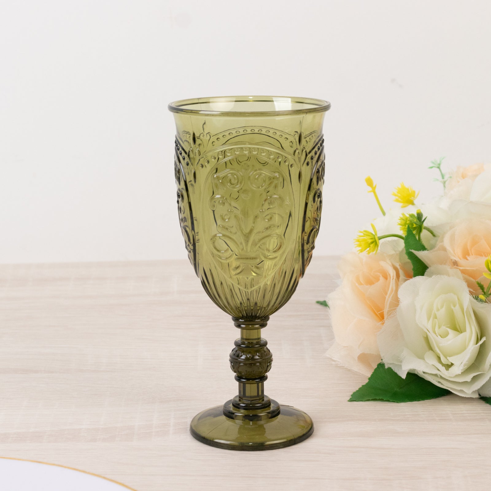 24-Pack Plastic Vintage Goblets – 10oz Transparent Dusty Sage Green Retro Embossed Wine Glasses, Elegant Water & Juice Cups - Image 2